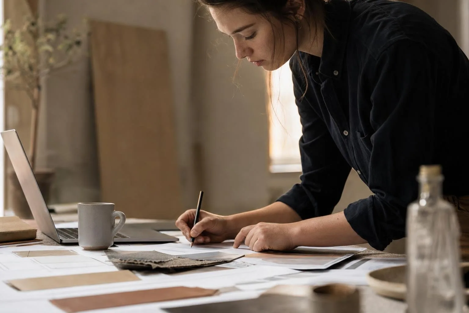 Designer's studio desk with sketches and a laptop